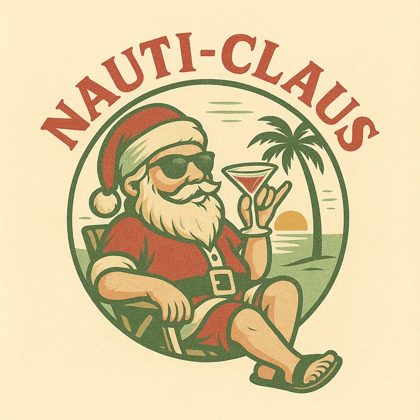 Nauti-Claus logo: Santa in sunglasses on a beach chair with a cocktail